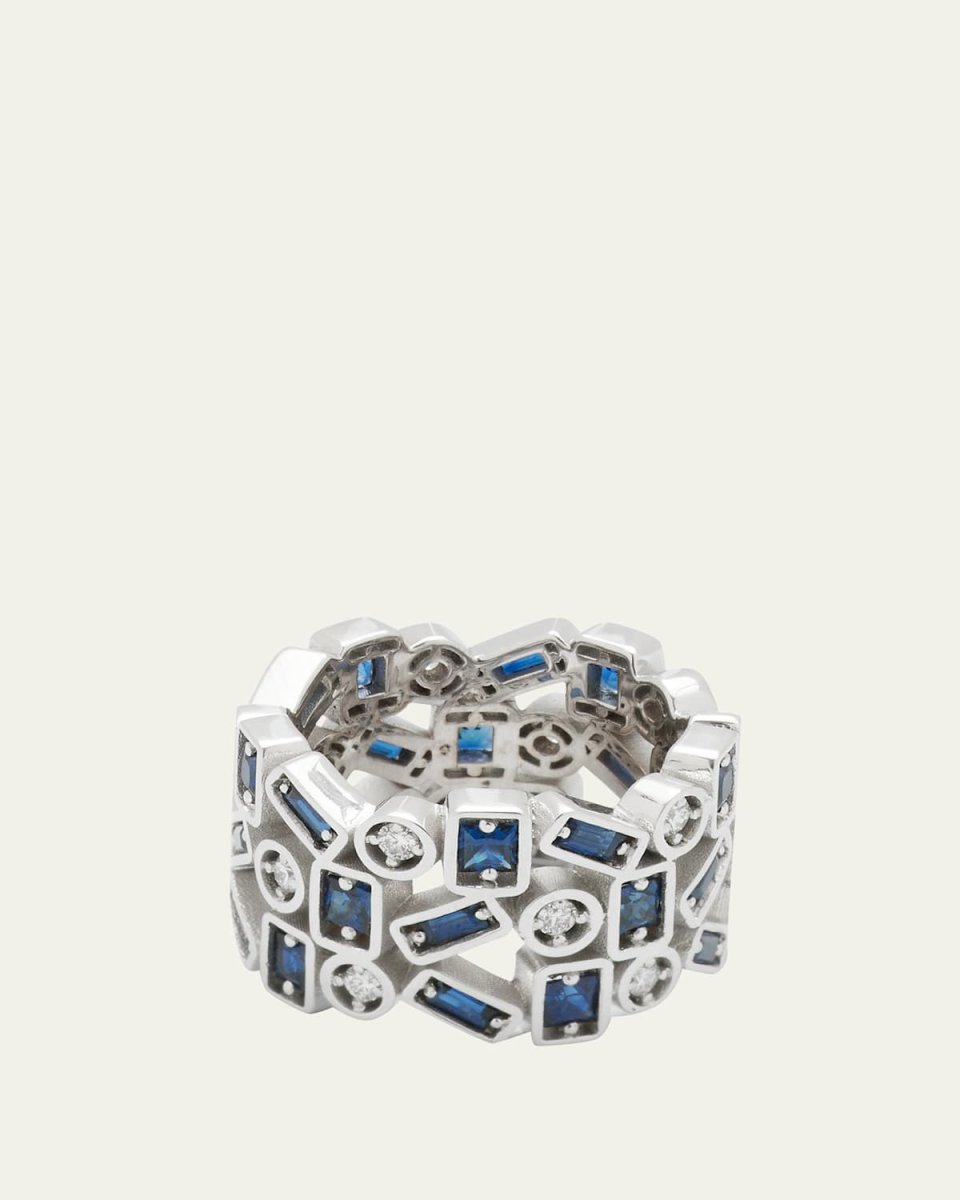 18K White Gold Inlay Ring with Sapphires and Diamonds